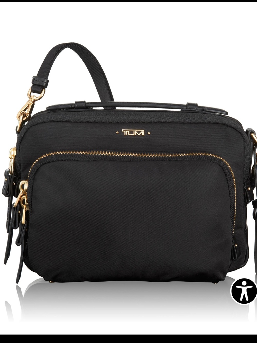 TUMI VOYAGER Black Nylon Crossbody with Gold Accents polished gold tone hardware